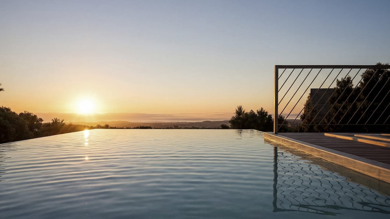 Piscina infinity de una vivienda unifamiliar al atardecer, con el agua fundida con el horizonte